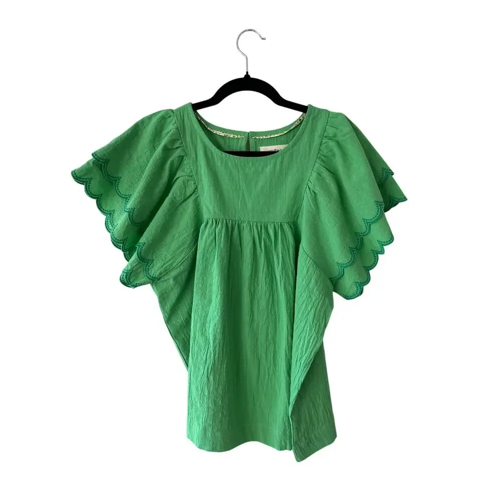 Umgee NWT Green Scalloped Sleeve Blouse Puff Sleeve Babydoll Boutique Sz M - Picture 2 of 6